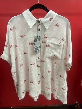 SAGE + FIG White Button-Down Shirt with Red 'Love' Script